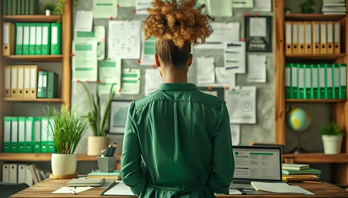 Woman Facing office wall with a variety of papers posted